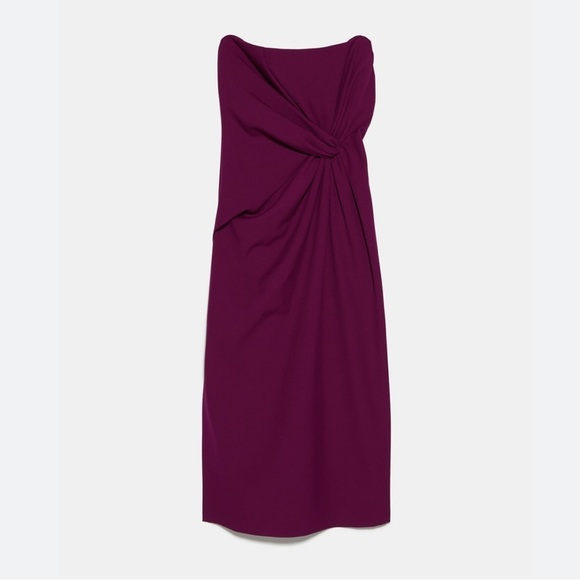 Zara Burgundy Strapless Midi Dress Draped Knot Detail sz XS Purple NWT - Picture 7 of 13